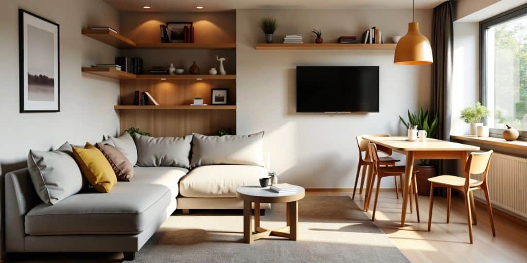 Small living room with multifunctional furniture.