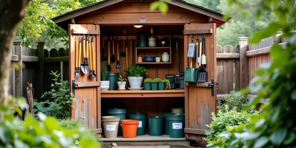 Organized garden shed with tools and potting bench.