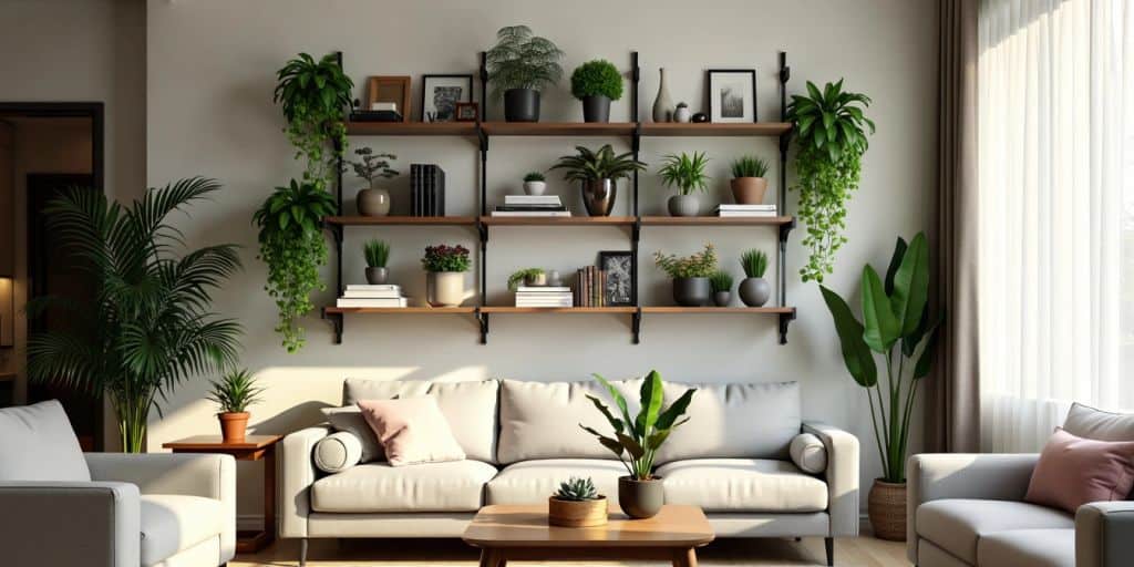 Vertical hanging racks in a modern living room.