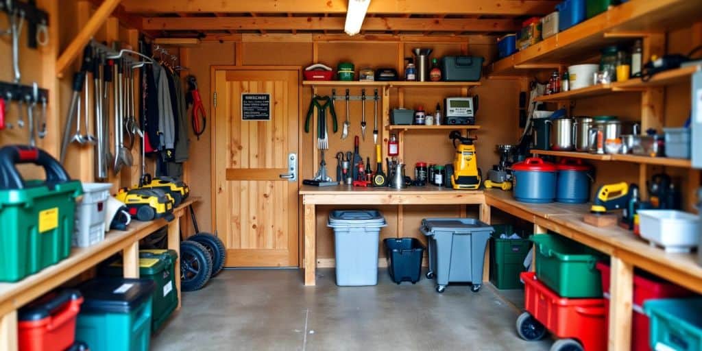 Organized shed with tools and storage bins