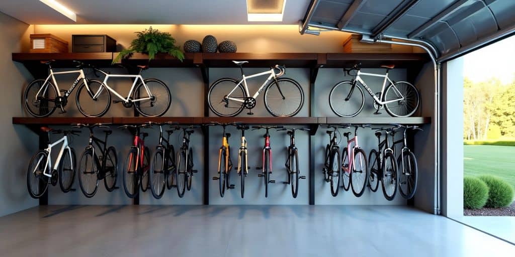 Neatly organized bike storage racks in a modern garage.