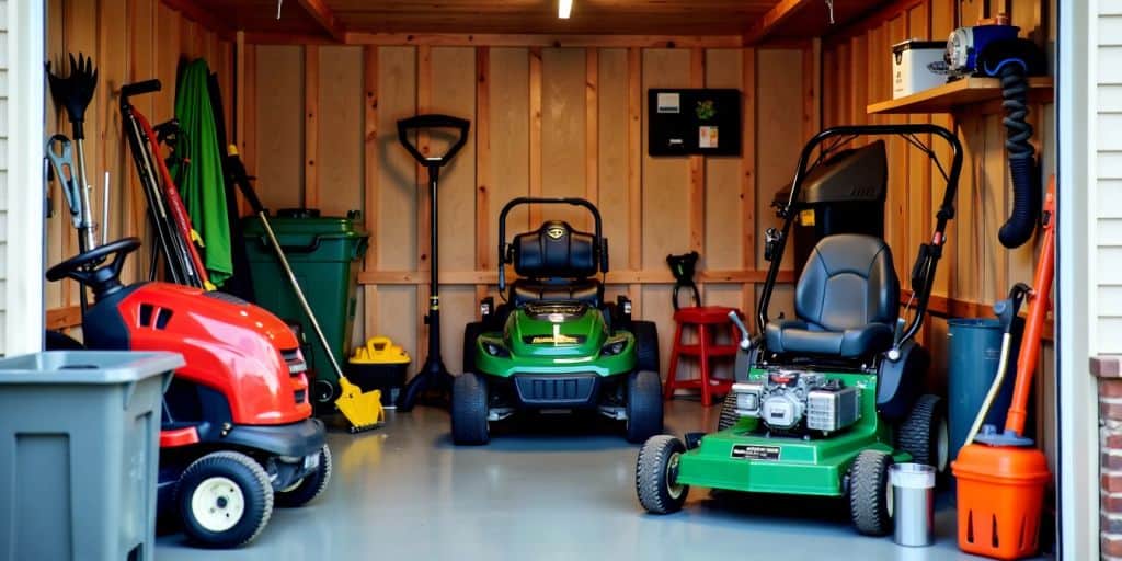 Organized garage with lawn equipment