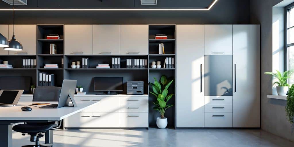 Modern office with innovative storage solutions.