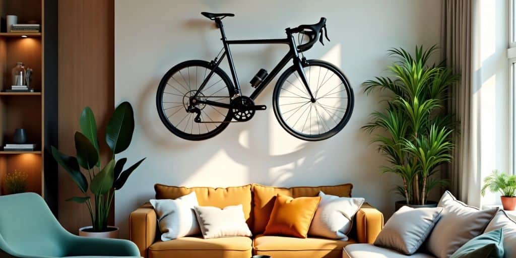 Bicycle mounted on wall in modern living room.