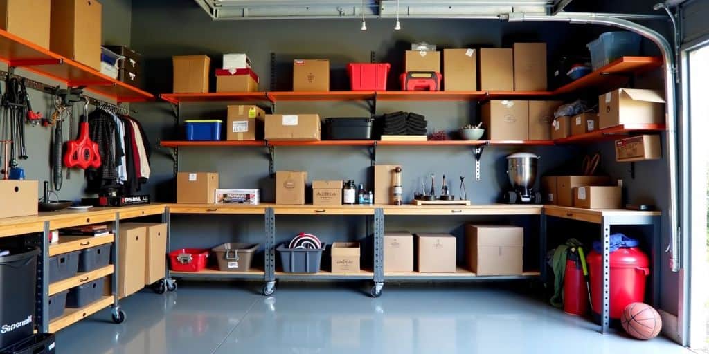 Organized garage with shelves and stored items