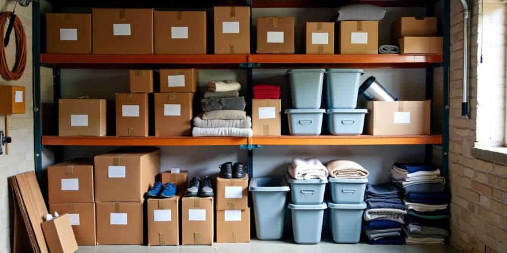 Organized storage with labeled boxes and seasonal items