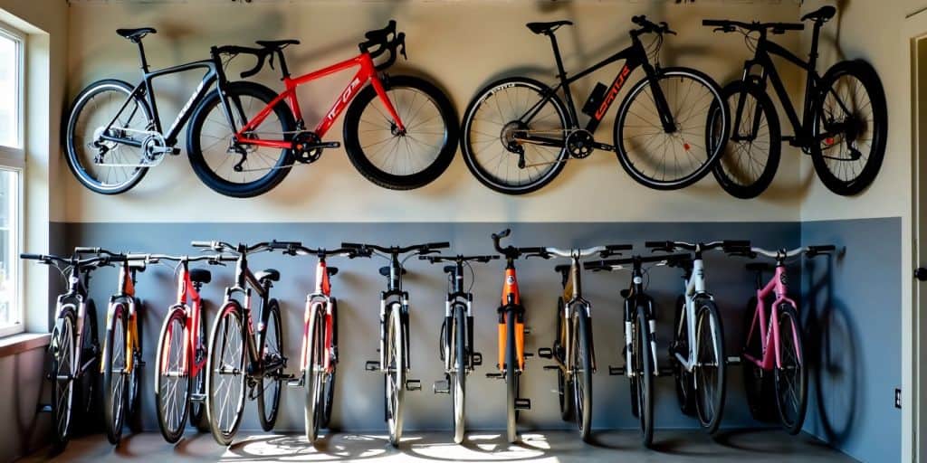 Various bike hangers with bikes in a garage setting.