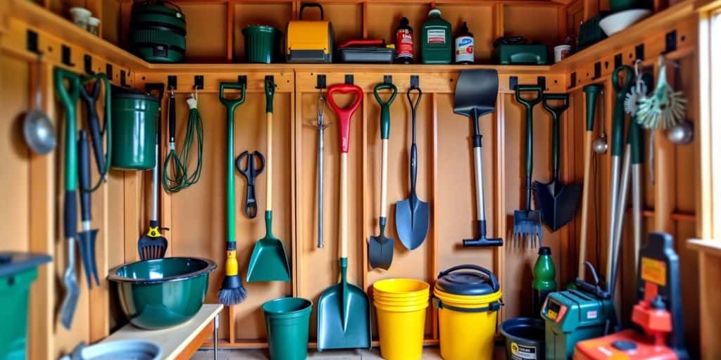 Organized shed with garden tools on racks and shelves.