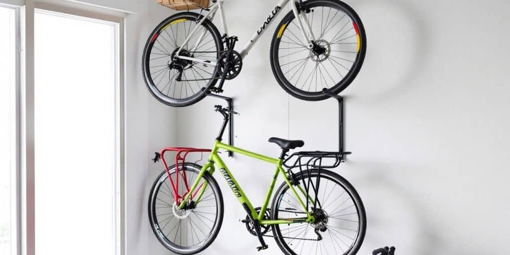 Stylish wall rack with colorful bikes organized neatly.