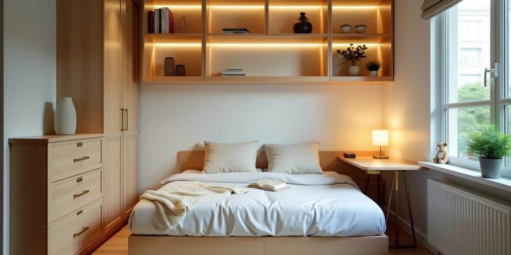 Cozy small bedroom with space-saving furniture solutions.