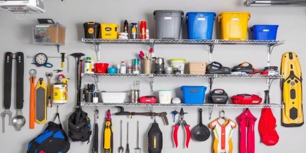 Organized garage wall shelf system with tools and bins.