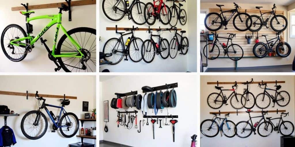 Bikes neatly hung on wall with organized tools below.