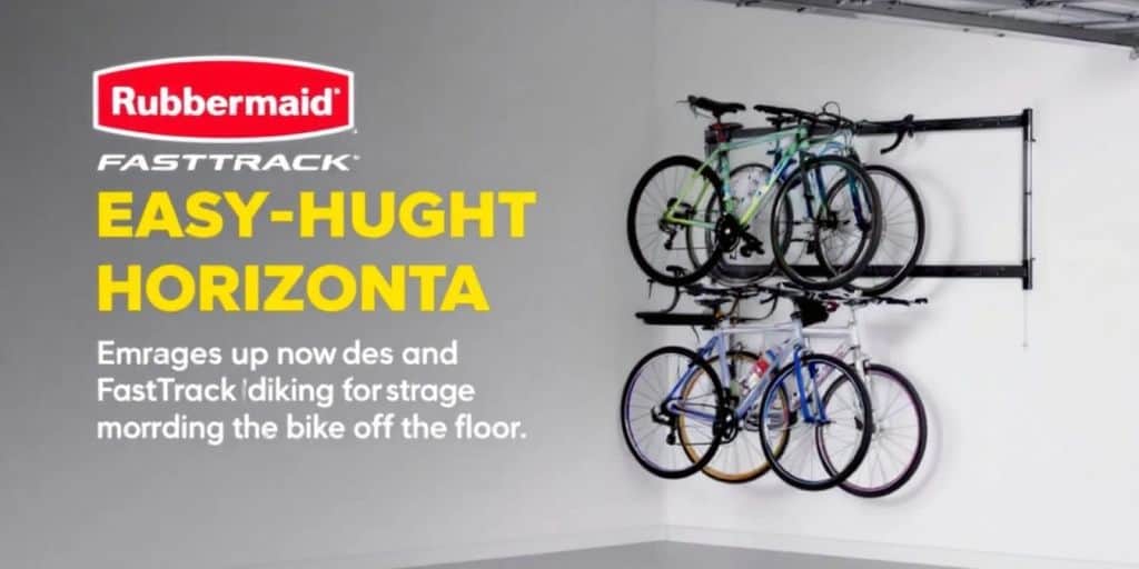 Rubbermaid FastTrack bike rack in a tidy garage.