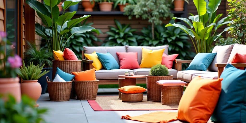 Colorful patio pillows stored in stylish outdoor baskets.