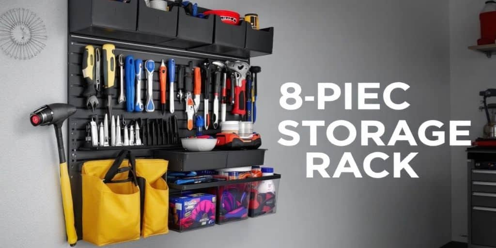 8-piece garage tool storage rack with organized tools.