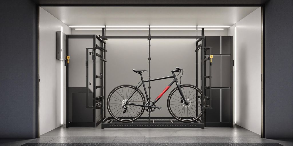 Compact bike storage with secure racks and a bicycle.