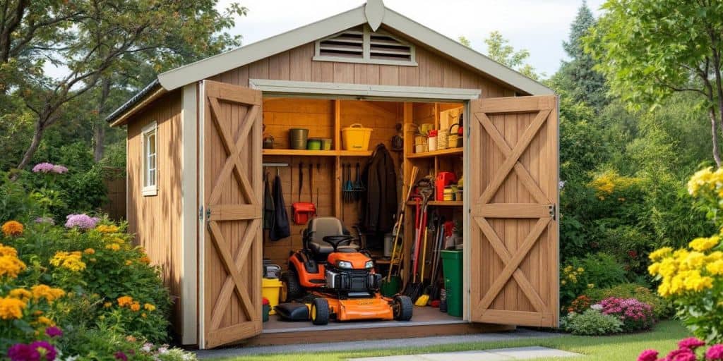 Garden shed with lawn mower and gardening tools.