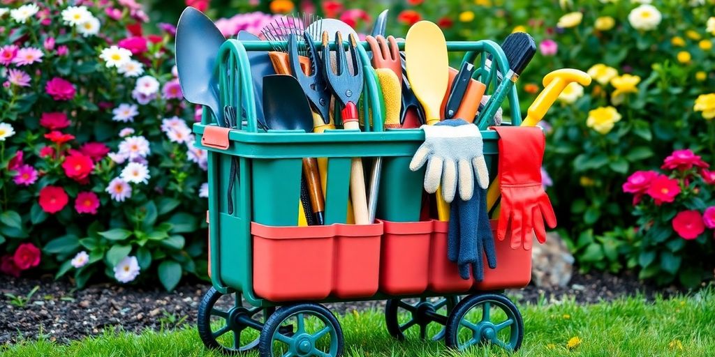 Wheeled garden tool caddy with tools and flowers.