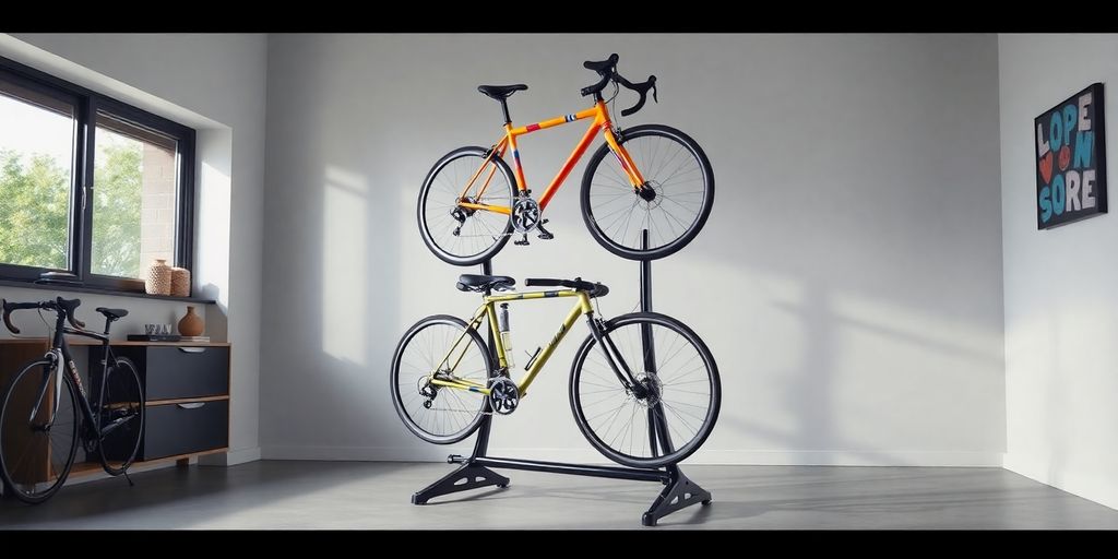 Indoor bike rack stand with colorful bikes displayed.