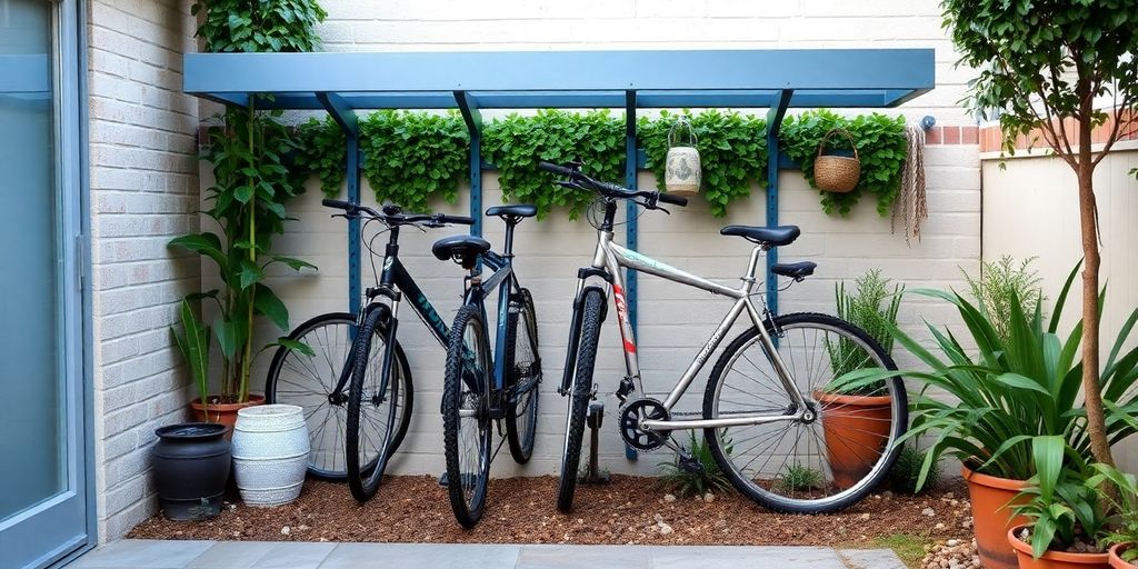 Compact bike storage solution in a small garden.