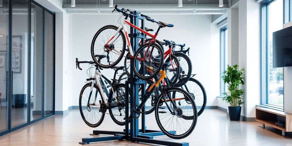 Indoor bike rack stand holding several bicycles neatly organized.