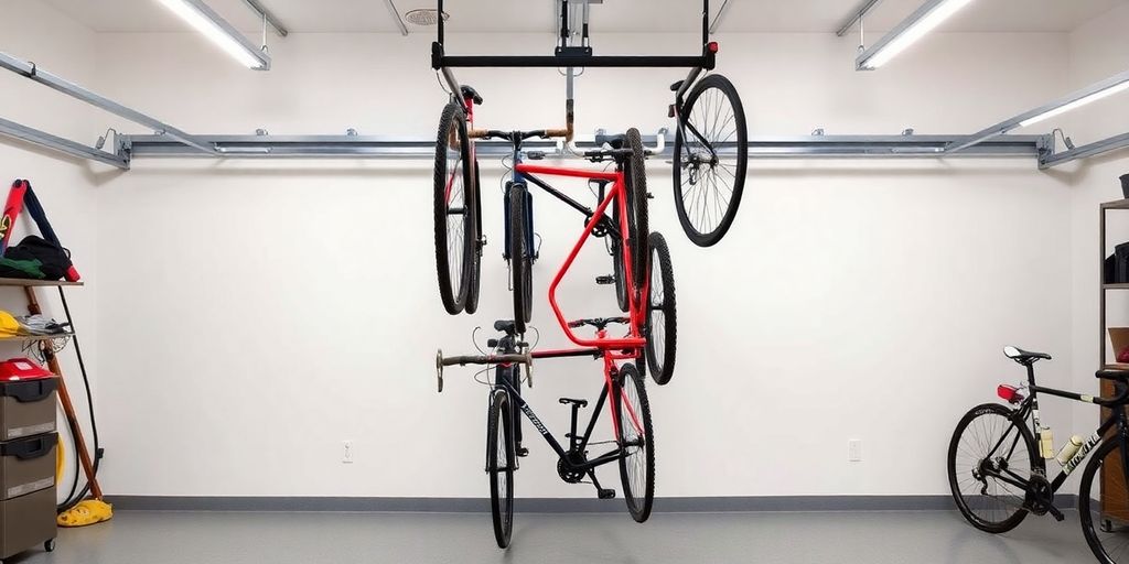 Garage with a hanging bike rack and several bicycles.