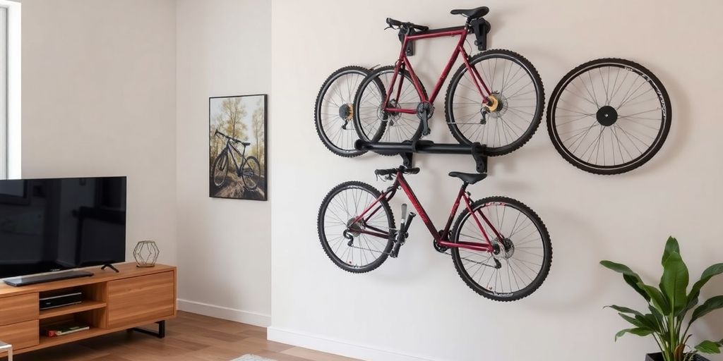 Mountain bike rack with multiple bikes on a wall.