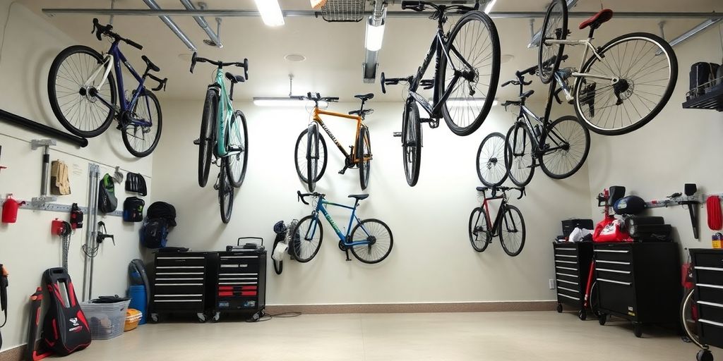 Organized garage with bicycles hanging from ceiling hooks.
