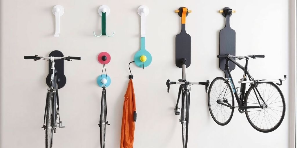 Wall-mounted bike hooks in various styles and colors.