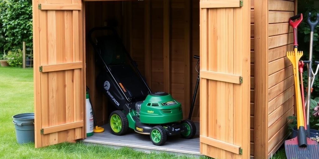 Compact outdoor shed storing a lawnmower and tools.