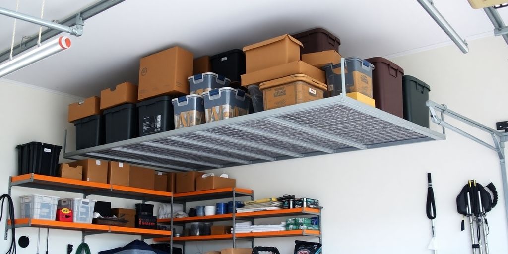 Overhead storage rack in a clutter-free garage.
