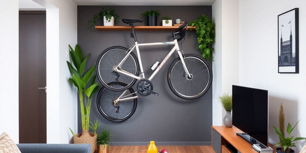 Vertical bike storage in a modern apartment setting.