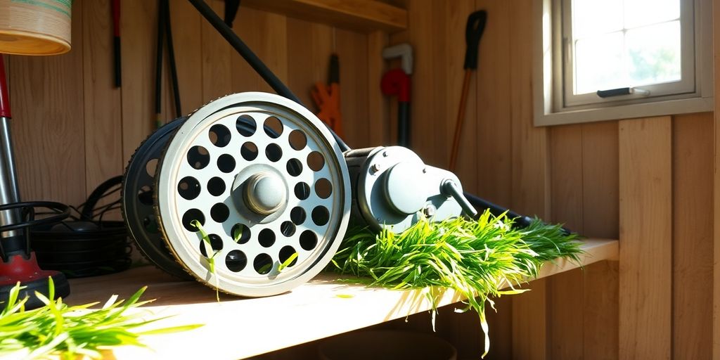 Reel mower stored neatly with gardening tools.