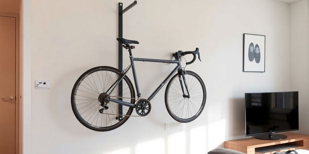 Wall bike rack in a modern apartment interior.