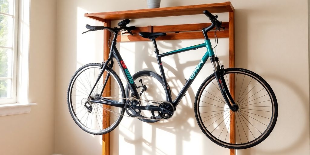 Wooden rack holding two bicycles indoors.