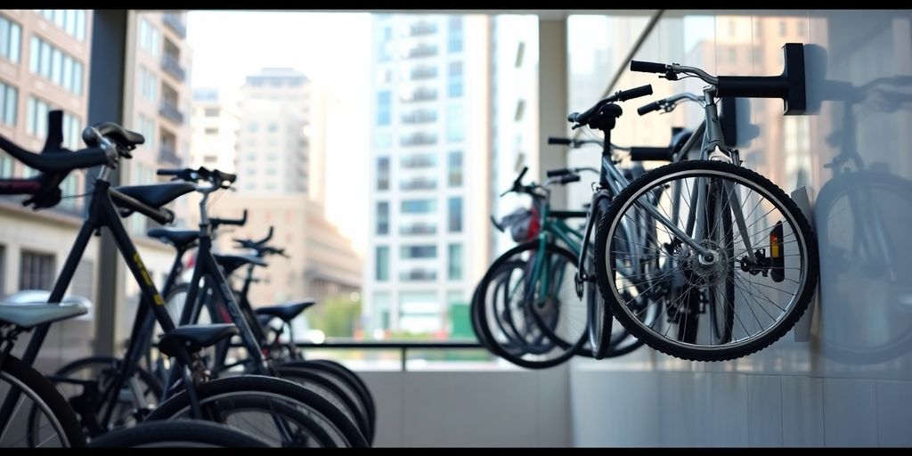 Sleek wall-mounted bike racks.
