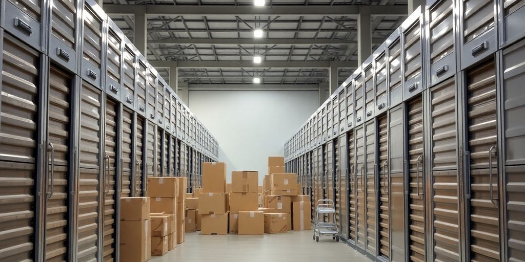 Clean, orderly warehouse with storage units and moving boxes.
