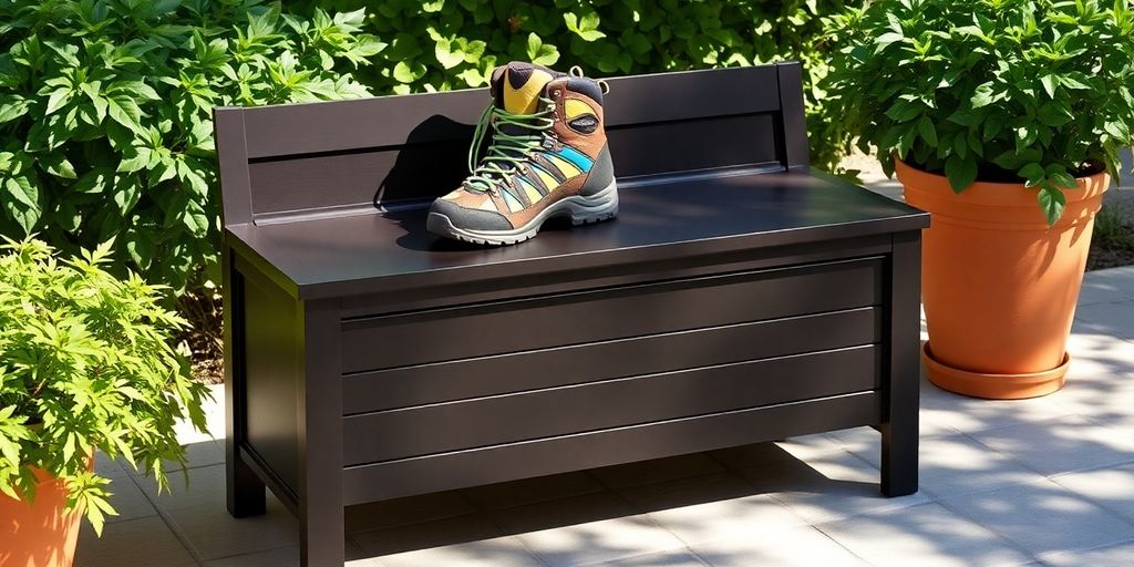 Waterproof shoe storage bench on patio.