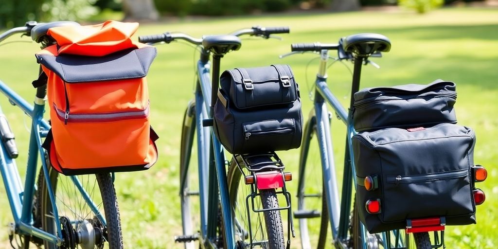 Diverse rear bicycle storage: colorful panniers, saddle bags, trunk bags on bikes.