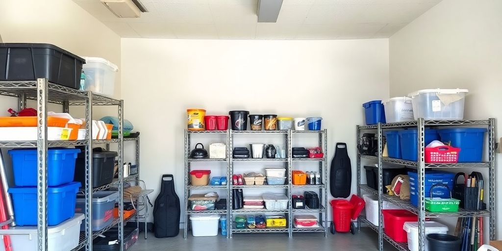 Garage shelving with tools and storage bins.