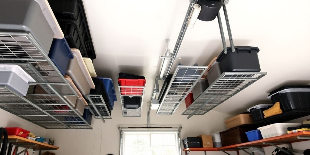Ceiling garage storage systems organizing car.