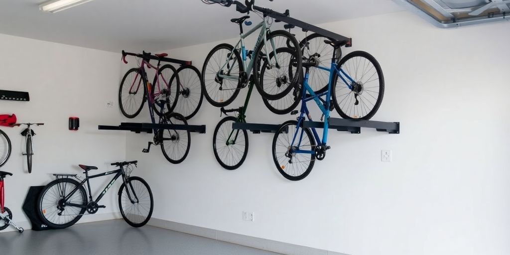 Organized bikes on sleek wall-mounted storage racks.
