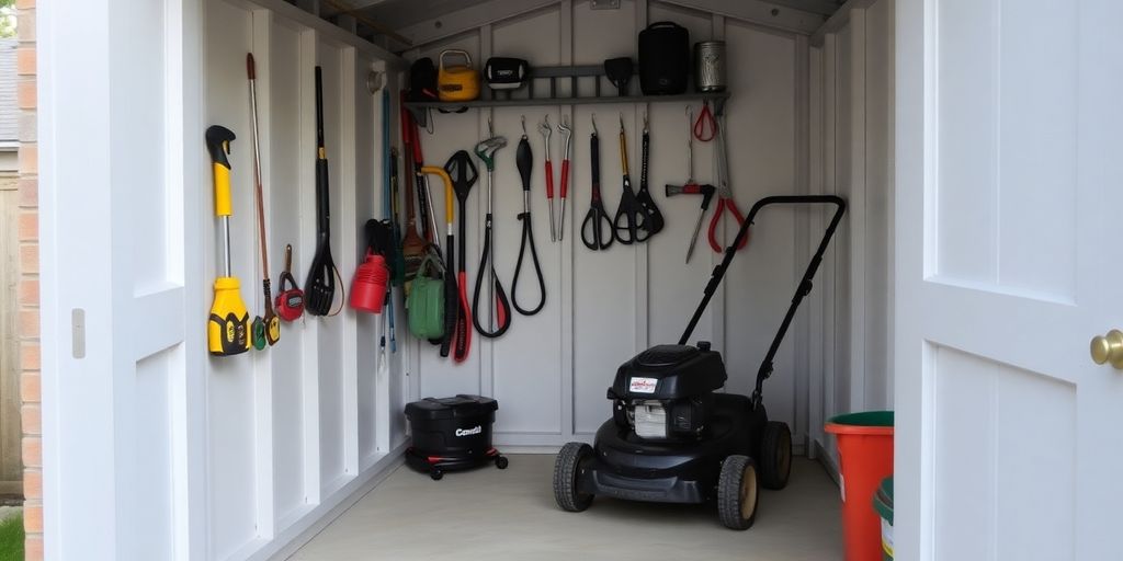 Mower neatly stored in a garden shed.