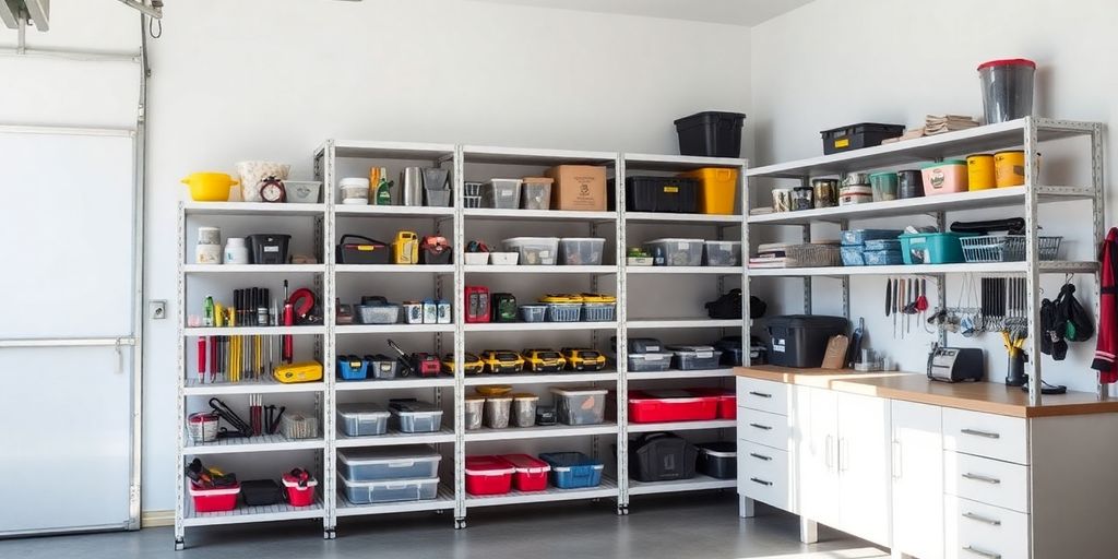Modern modular garage shelving filled with tools.